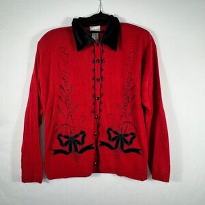 Koret Red Cardigan Velvet Collar Bow Embroidered Holiday Party Womens M